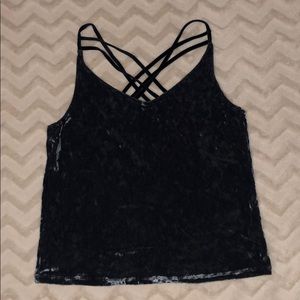 Blue, crushed velvet, cross-stripped, cropped tank